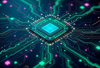 Obraz premium Futuristic circuit board with glowing neon lines in red, blue, and orange. Abstract technology background representing data, AI, digital processing, and cyber network systems.