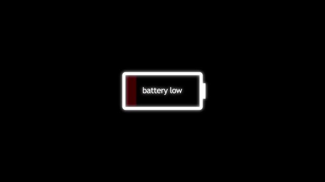 Low battery icon animation on a battery fast charging animation. Shiny flash animated battery icon Animated battery low black background.4k video