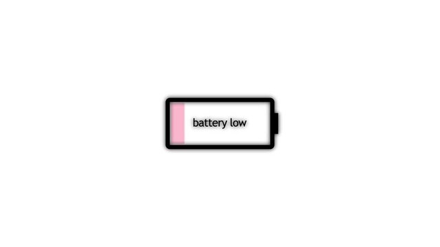 Low battery icon animation on a battery fast charging animation. Shiny flash animated battery icon Animated battery low black background.4k video
