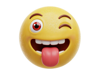Fototapeta premium Hilarious and crazy winking emoji with sticking out tongue and googly eye isolated on transparent background