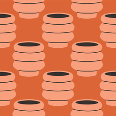 Vector seamless pattern of ceramic vase with abstract design. Cartoon illustration isolated on a red background.