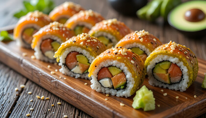 Fresh Salmon Sushi Rolls with Avocado and Sesame Seeds