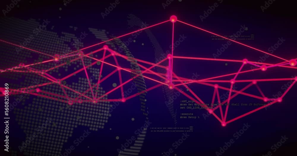 Poster opening red nodes appearing on dotted globe against blue void mesh pulsing visualizing data flow