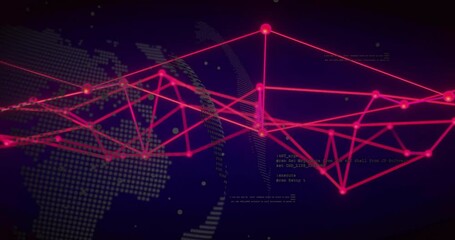 Opening red nodes appearing on dotted globe against blue void mesh pulsing visualizing data flow - Powered by Adobe