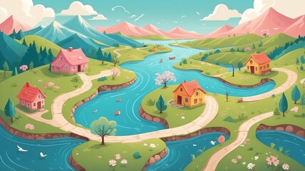 Fototapeta premium Cartoon Valley Landscape with River, Houses, and Mountains Art