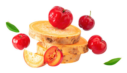 Falling Slices of Yam and Acerola Cherry with Juicy Color Explosion png