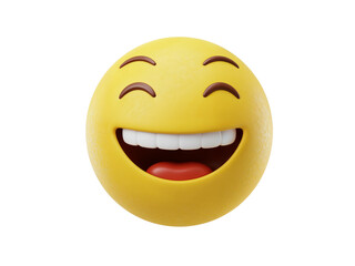 Fototapeta premium A bright yellow emoji face with closed eyes and a wide open mouth showing teeth and tongue isolated on transparent background