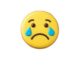 A single yellow smiley face cookie with a sad expression and blue tear drops isolated on transparent background