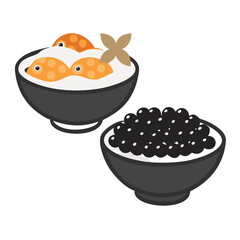 Black caviar and white rice in bowls fish eggs