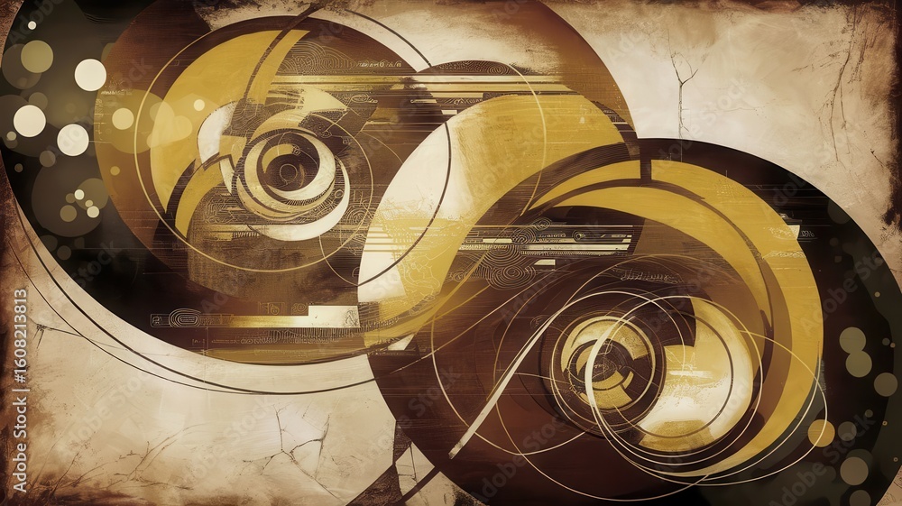 Poster complex geometric forms with vintage color palette and distressed texture