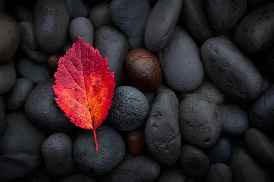 A single vibrant red autumn leaf resting on dark stones, a concept for uniqueness, standing out, and serenity.

