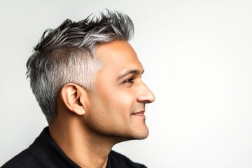 Obraz premium Classy men's textured crop haircut - midlife indian man with short hair. Pure white solid background. Idea of style for aging men. A man with natural beauty and a confident stance.