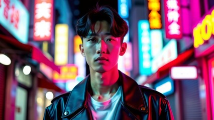 Obraz premium Confident man in neon city street