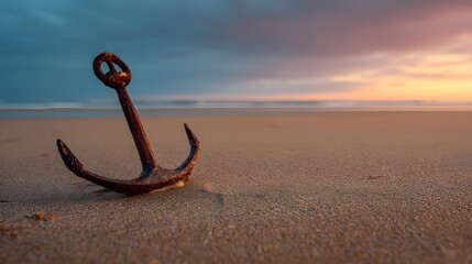 A rusty anchor sits on a sandy beach at sunset, a metaphor for stability, a strong foundation, and steadfast hope.

