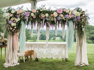Romantic wedding floral arch with pastoral backdrop and curious lambs