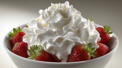 A close-up of fresh strawberries topped with fluffy whipped cream in a white bowl, perfect for dessert menus, cookbooks, or food blogs, showcasing indulgence and freshness,