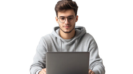 Successful caucasian young man student freelancer using laptop, watching webinars, working remotely, e-learning e-commerce online isolated in white background