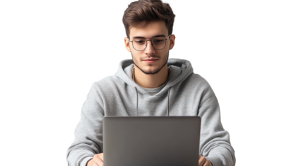 Successful caucasian young man student freelancer using laptop, watching webinars, working remotely, e-learning e-commerce online isolated in white background