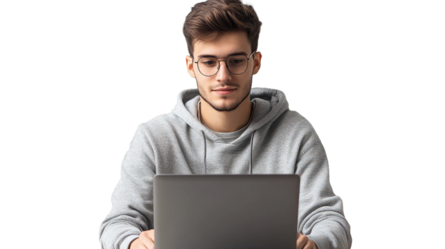Successful caucasian young man student freelancer using laptop, watching webinars, working remotely, e-learning e-commerce online isolated in white background