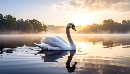 Fototapeta premium Swan on a lake at sunrise