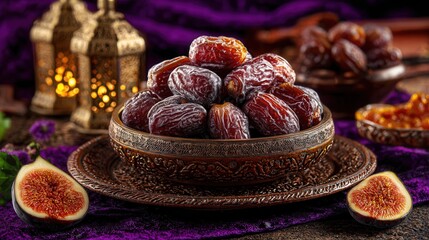 A beautifully arranged bowl of dried dates and fresh figs showcases rich textures and colors, perfect for food styling, recipe books