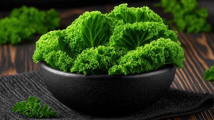 Freshly harvested kale leaves in a textured black bowl against a rustic wooden background, ideal for health-related articles, cookbooks, and culinary presentations emphasizing nutrition,