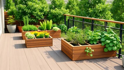 Fototapeta premium Edible garden terrace with herbs and vegetable planters, eco-friendly 3D render