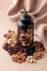 A decorative lantern filled with assorted nuts and dried fruits is surrounded by a variety of nuts and raisins on a soft fabric backdrop, ideal for health-related content, recipes