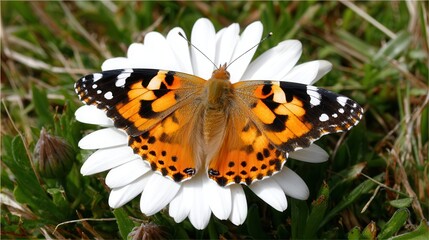 A vibrant butterfly rests on a white flower, showcasing its intricate orange and black patterns, This image is ideal for nature-themed projects, educational materials, or as decorative art,