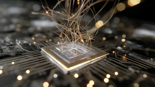 Computer chip with a gold outline. The chip is surrounded by a network of wires. isolated 3D render of quantum AI chip with entangled light strands floating above, quantum ai development