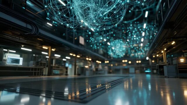 Large room with a lot of lights and a lot of wires. There are many computers. futuristic quantum lab scene with floating circuits forming neural symbols, dramatic lighting, quantum ai development