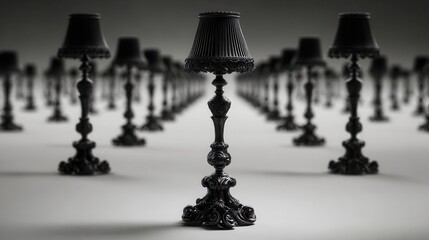 A collection of intricately designed black lamps stands in a uniform arrangement, creating an elegant and dramatic ambiance, This image can be used for interior design, minimalist decor