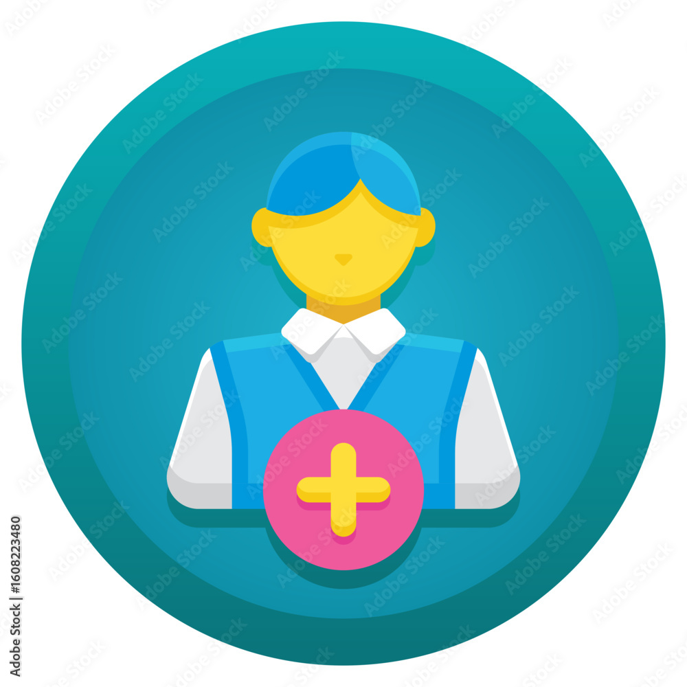 Poster flat design icon of a person with a plus symbol for adding or new user