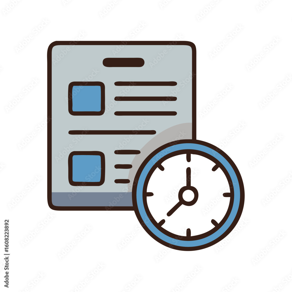 Poster visual representation of task management, incorporating a tablet and a clock to emphasize time manag