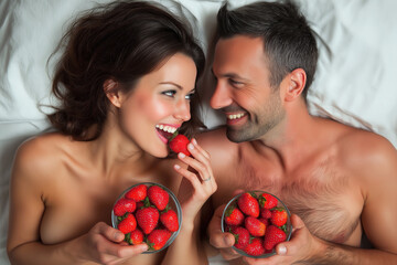 Romantic happy nude couple in love feed each other strawberries berries lying on the bed in the bedroom in the morning