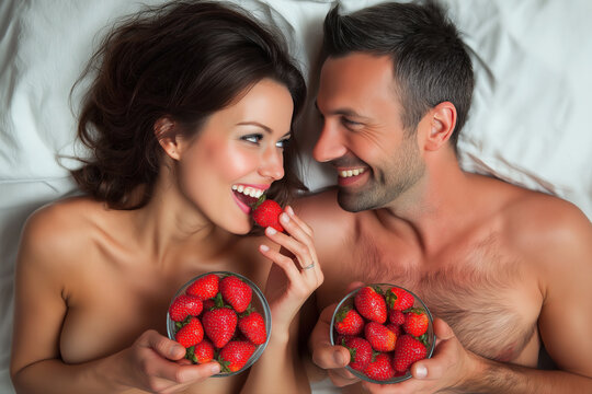 Romantic happy nude couple in love feed each other strawberries berries lying on the bed in the bedroom in the morning - Powered by Adobe