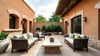 Earth-toned terrace design, luxury patio furniture, stone textures, natural green accents