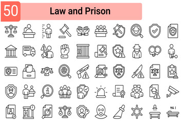 A collection of icons related to lawyers, correctional law enforcement systems, justice, crime, and provides guiding principles in law enforcement.