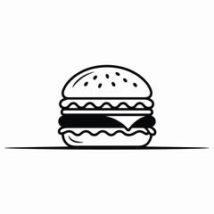 Simple black and white outline illustration of a classic hamburger