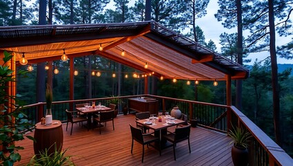 Eco-luxury terrace in a forest retreat, solar lighting, wooden accents