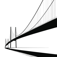 Modern suspension bridge silhouette against a bright white sky