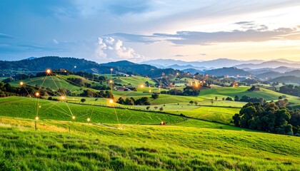 Lush green hills and valleys at sunset, overlaid with a network of glowing connections