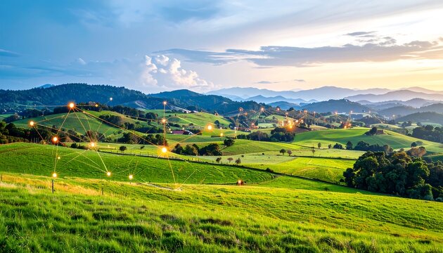Lush green hills and valleys at sunset, overlaid with a network of glowing connections