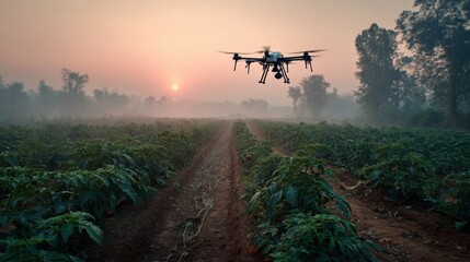 Fototapeta premium Aerial View of Vibrant Green Crop Fields Captured by Drone Showcasing Agriculture and Nature Beauty