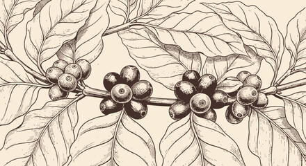 Hand drawn vector illustration of coffee plant branch with berries and leaves, coffee beans art sketch black vector botanical coffee concept