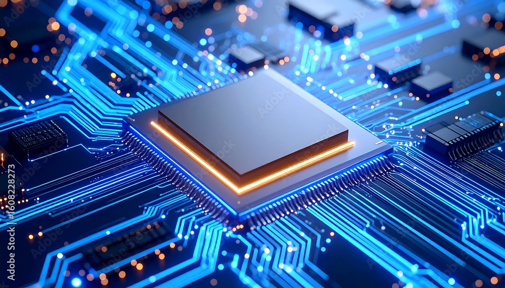 Poster a close-up, abstract view of a computer processor and circuit board, with glowing blue lines and ora