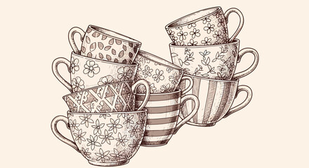 Hand drawn vector illustration of stacked coffee mugs with patterns, coffee beans art sketch black vector vintage kitchenware design