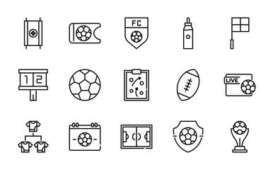 Football linear icon set. Sports, soccer ball, goal, referee, player, stadium, whistle, jersey, tactics, cup, scoreboard, fan, training, sports gear, match vector icon set. UI thin line icon pack