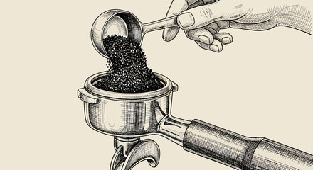 Hand drawn vector illustration of barista tamping ground coffee into portafilter, coffee beans art sketch black vector with manual espresso tools