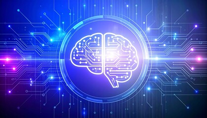 Fototapeta premium a glowing, stylized representation of a human brain composed of circuit board patterns against a dark blue background.
